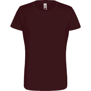 A maroon women's essential t-shirt with a round neckline and short sleeves, featuring a small logo.