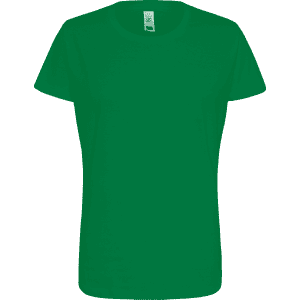 A green women's essential t-shirt with a relaxed fit and a branding label on the inside.