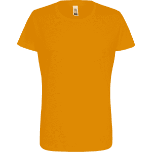 A vibrant orange women's essential tee with a classic crew neck and short sleeves, featuring a logo.