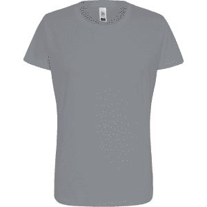 A grey women's essential tee with a classic round neckline and short sleeves. It features a logo on the label.