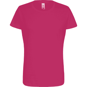 A fuchsia women's essential t-shirt featuring a crew neck and short sleeves, displaying a logo.