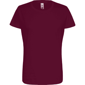A maroon women's essential tee with a classic short-sleeve design, featuring a label inside.