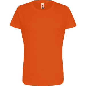An orange women's t-shirt with a round neckline and short sleeves. It features a logo on the label.