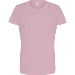 A pink women's essential tee with short sleeves, featuring a simple design and a branding label.