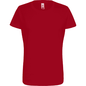 A red women's t-shirt with a round neckline and short sleeves, featuring a logo.