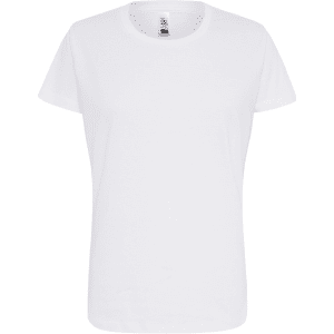 A plain white women's essential t-shirt with a crew neckline and short sleeves, featuring a logo on the label.