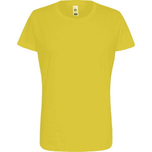 A yellow women's essential t-shirt featuring a classic crew neck and short sleeves, with a logo on the label.