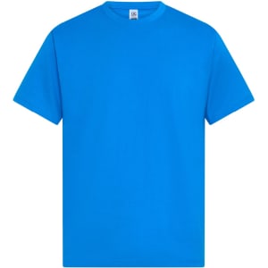 A bright blue t-shirt with short sleeves and a round neckline. It features a logo on the label.