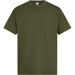 An olive green t-shirt with short sleeves and a round neckline. It features a logo on the label.