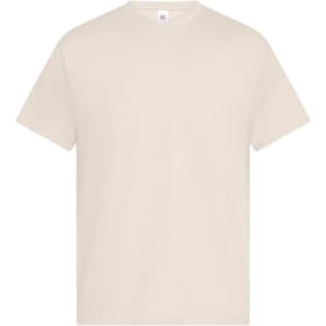 A plain beige men's t-shirt with short sleeves and a crew neckline. The shirt has a small logo on the label.