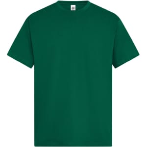 A green t-shirt featuring a crew neckline and short sleeves, with a logo on the label.