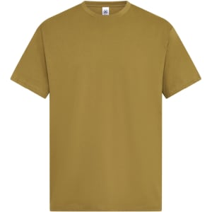 A standard fit men's T-shirt in a muted olive green colour with short sleeves and a crew neckline. It features a logo label.
