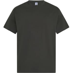 A green men's essential T-shirt with a round neck and short sleeves, featuring a logo.
