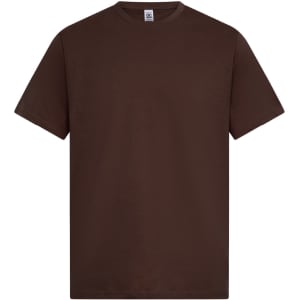 A brown T-shirt with short sleeves and a round neckline, featuring a logo on the tag.