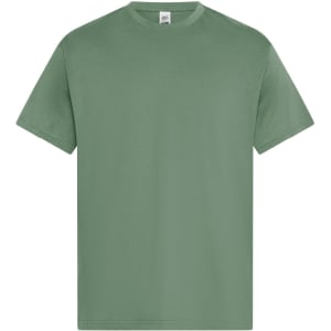 A green men's essential T-shirt features a classic crew neck and short sleeves, with a simple logo on the tag.