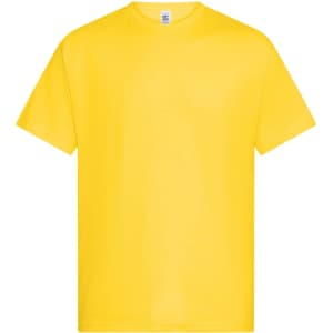 A yellow unisex T-shirt with a round neckline and short sleeves. It features a logo on the label.