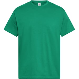A green short-sleeved T-shirt with a simple design and a logo on the label.