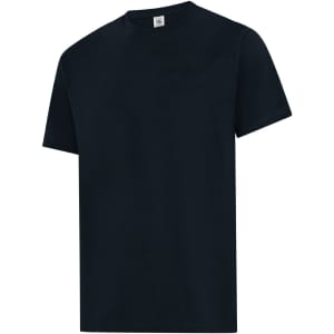 A black men's t-shirt with short sleeves and a round neckline, featuring a logo on the label.