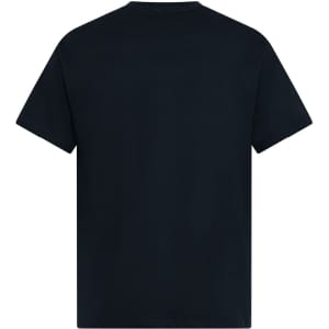 A black men's essential tee, featuring a simple design and a classic fit, with a logo on the back.