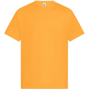 A plain orange t-shirt with short sleeves, featuring a logo on the tag.