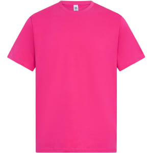 A bright pink T-shirt featuring a classic crew neck and short sleeves, with a branding logo on the label.