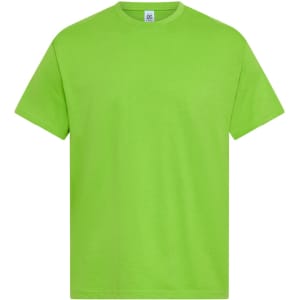 A bright green T-shirt with a standard fit, featuring a logo on the label.