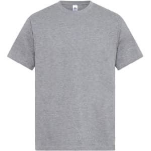 A grey men's essential T-shirt with a classic crew neck and short sleeves, featuring a logo.