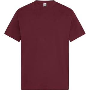 A maroon T-shirt with short sleeves, featuring a plain design and a logo on the label.