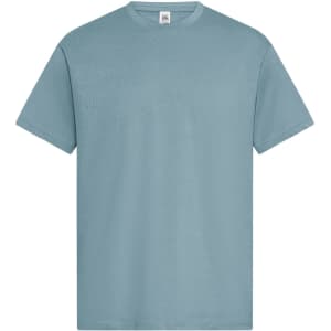 A light blue men's essential t-shirt with a simple design and short sleeves. It features a logo on the label.