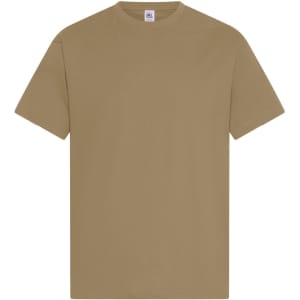 A plain khaki men's t-shirt featuring short sleeves and a crew neckline. The shirt has a label and no graphics.