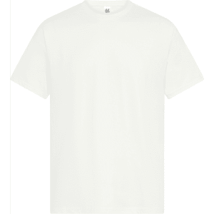 A plain white t-shirt with a crew neckline, featuring a small logo on the label.