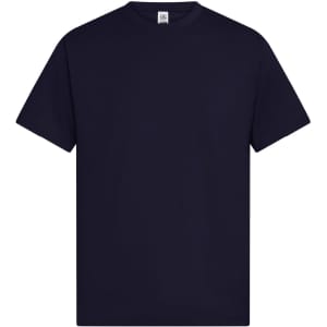 A navy blue T-shirt featuring short sleeves and a crew neckline, with a logo on the label.