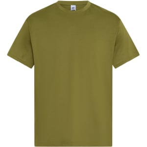 An olive green men's essential t-shirt with short sleeves and a classic fit. Features a logo on the label.