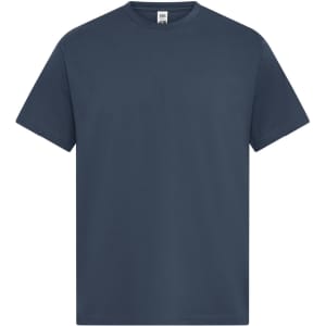 A navy blue T-shirt with short sleeves and a standard fit, featuring a branding logo.