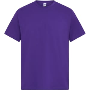 A purple men's essential T-shirt featuring a classic crew neck design and short sleeves. It has a logo on the label.
