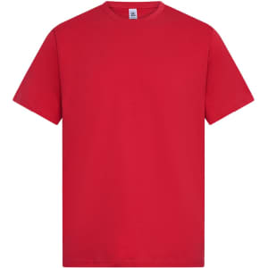A red men's essential T-shirt with a crew neck and short sleeves, featuring a logo on the label.