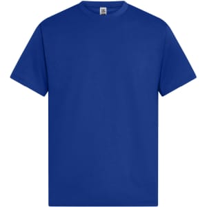 A blue men's essential t-shirt with a simple design and a logo on the label.