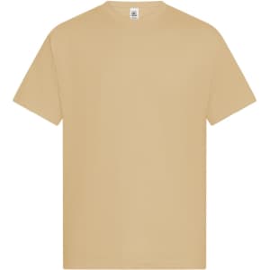 A light beige t-shirt with a classic crew neck and short sleeves, featuring a logo on the label.