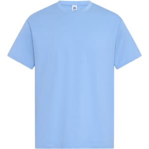 A light blue T-shirt featuring short sleeves and a classic round neckline, with a brand logo on the label.