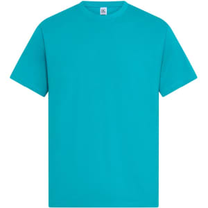 A turquoise men's t-shirt with a crew neckline and short sleeves, featuring a branding logo.