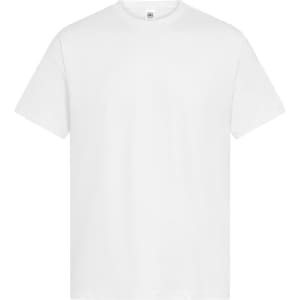 A plain white t-shirt featuring a crew neck and short sleeves, with a logo on the label.