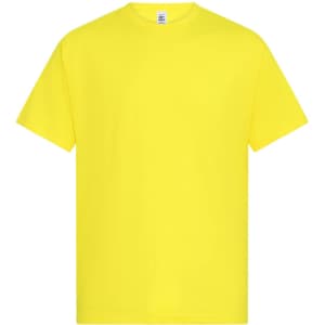 A bright yellow men's t-shirt, featuring a crew neck and short sleeves. It includes a logo on the label.