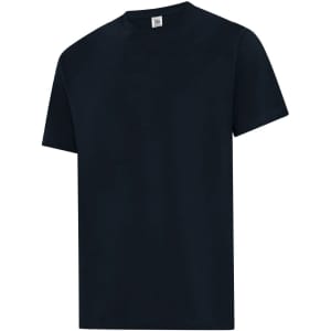 A black men's t-shirt featuring short sleeves and a crew neck, with a logo on the label.