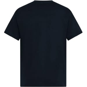 A black men's t-shirt with a standard crew neck and short sleeves. It features a logo on the back.