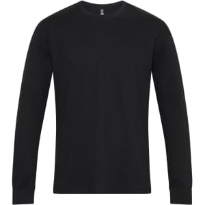 A black long sleeve t-shirt with a round neckline, featuring a small logo on the label.