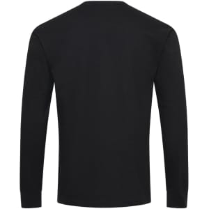A black long sleeve t-shirt featuring a simple design and a logo on the back.
