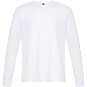 A long sleeve white t-shirt with a simple design and a small logo on the chest.