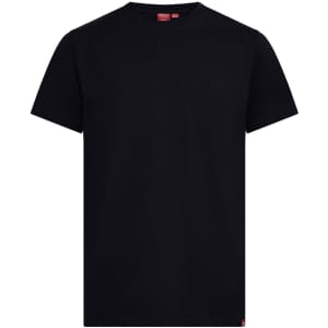 A black T-shirt with a round neckline and short sleeves, featuring a small logo at the hem.