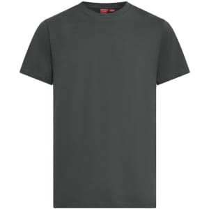 A short-sleeved, dark green cotton T-shirt featuring a branding logo.