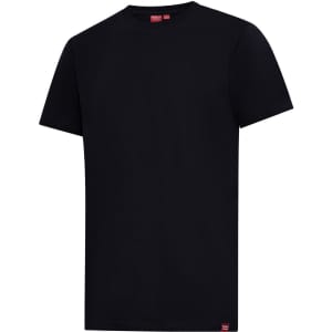 A black T-shirt with a simple design, featuring a small logo on the hem.